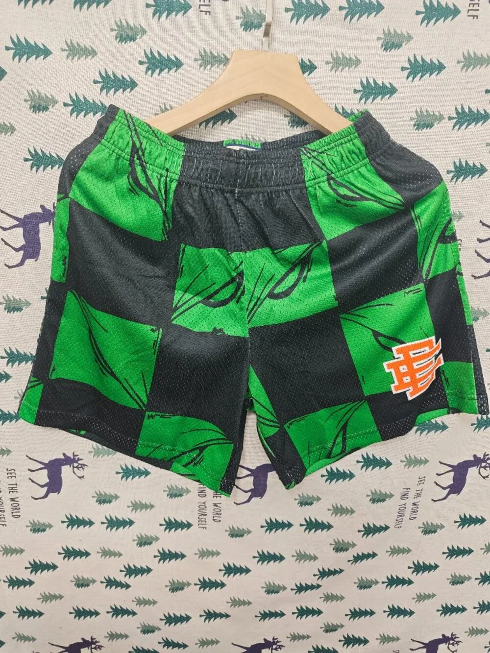 Eric Emanuel Green and Black Checkerboard Athletic Shorts with Orange Logo